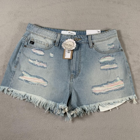 KanCan Colorful Thread Denim Shorts Womens 9 28 Distressed High Rise‎ Raw Hem - Picture 1 of 12